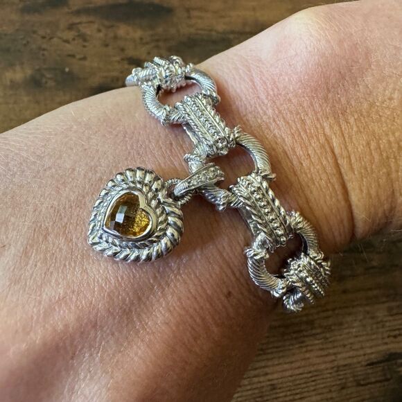 JUDITH RIPKA STERLING SILVER BRACELET w CITRINE HEART ENHANCER CHARM + RING Sz 8 - Picture 4 of 10
